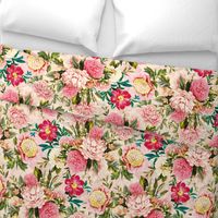 18" nostalgic Pierre-Joseph-Redoute - Historic pastel Roses and Peonies bouquets fabric on blush pink - redoute roses fabric