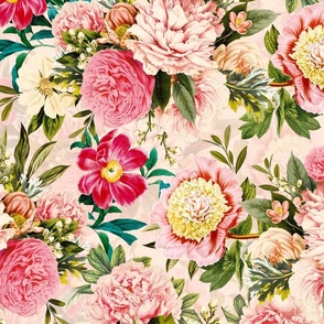 18" nostalgic Pierre-Joseph-Redoute - Historic pastel Roses and Peonies bouquets fabric on blush pink - redoute roses fabric