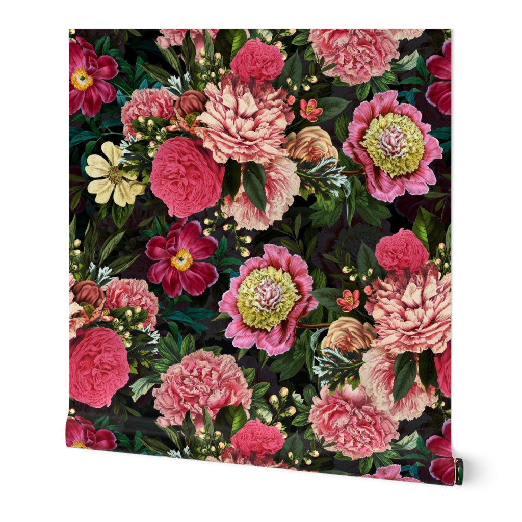 Vintage Summer Night Romanticism:  Maximalism Moody Burgundy Red Florals- Antiqued  Roses Pink Peonies and Nostalgic - Gothic Mystic Night-  Antique Botany Wallpaper and Victorian Goth Mystic inspired 