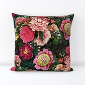 Vintage Summer Night Romanticism:  Maximalism Moody Burgundy Red Florals- Antiqued  Roses Pink Peonies and Nostalgic - Gothic Mystic Night-  Antique Botany Wallpaper and Victorian Goth Mystic inspired 