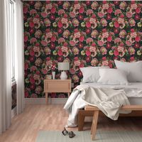 Vintage Summer Night Romanticism:  Maximalism Moody Burgundy Red Florals- Antiqued  Roses Pink Peonies and Nostalgic - Gothic Mystic Night-  Antique Botany Wallpaper and Victorian Goth Mystic inspired 