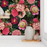 Vintage Summer Night Romanticism:  Maximalism Moody Burgundy Red Florals- Antiqued  Roses Pink Peonies and Nostalgic - Gothic Mystic Night-  Antique Botany Wallpaper and Victorian Goth Mystic inspired 