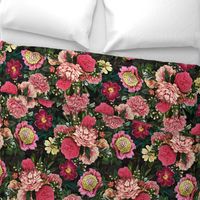 Vintage Summer Night Romanticism:  Maximalism Moody Burgundy Red Florals- Antiqued  Roses Pink Peonies and Nostalgic - Gothic Mystic Night-  Antique Botany Wallpaper and Victorian Goth Mystic inspired 