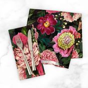 Vintage Summer Night Romanticism:  Maximalism Moody Burgundy Red Florals- Antiqued  Roses Pink Peonies and Nostalgic - Gothic Mystic Night-  Antique Botany Wallpaper and Victorian Goth Mystic inspired 