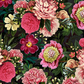 Vintage Summer Night Romanticism:  Maximalism Moody Burgundy Red Florals- Antiqued  Roses Pink Peonies and Nostalgic - Gothic Mystic Night-  Antique Botany Wallpaper and Victorian Goth Mystic inspired 