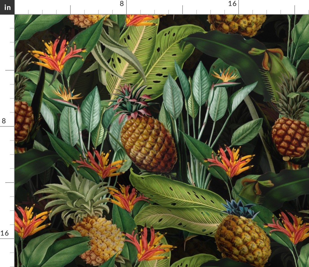 18"Pierre-Joseph Redouté-Fruit Cocktail,Antique Tropical Palm Jungle with Pineapple,black