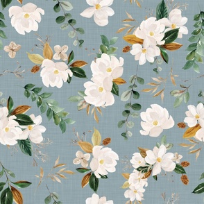 magnolia floral on blue linen