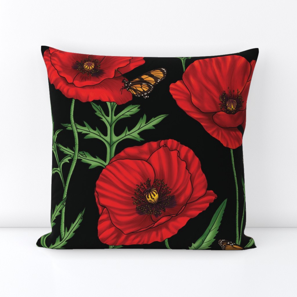 Botanical Red Poppy Flowers with Butterflies - Black Larger Size