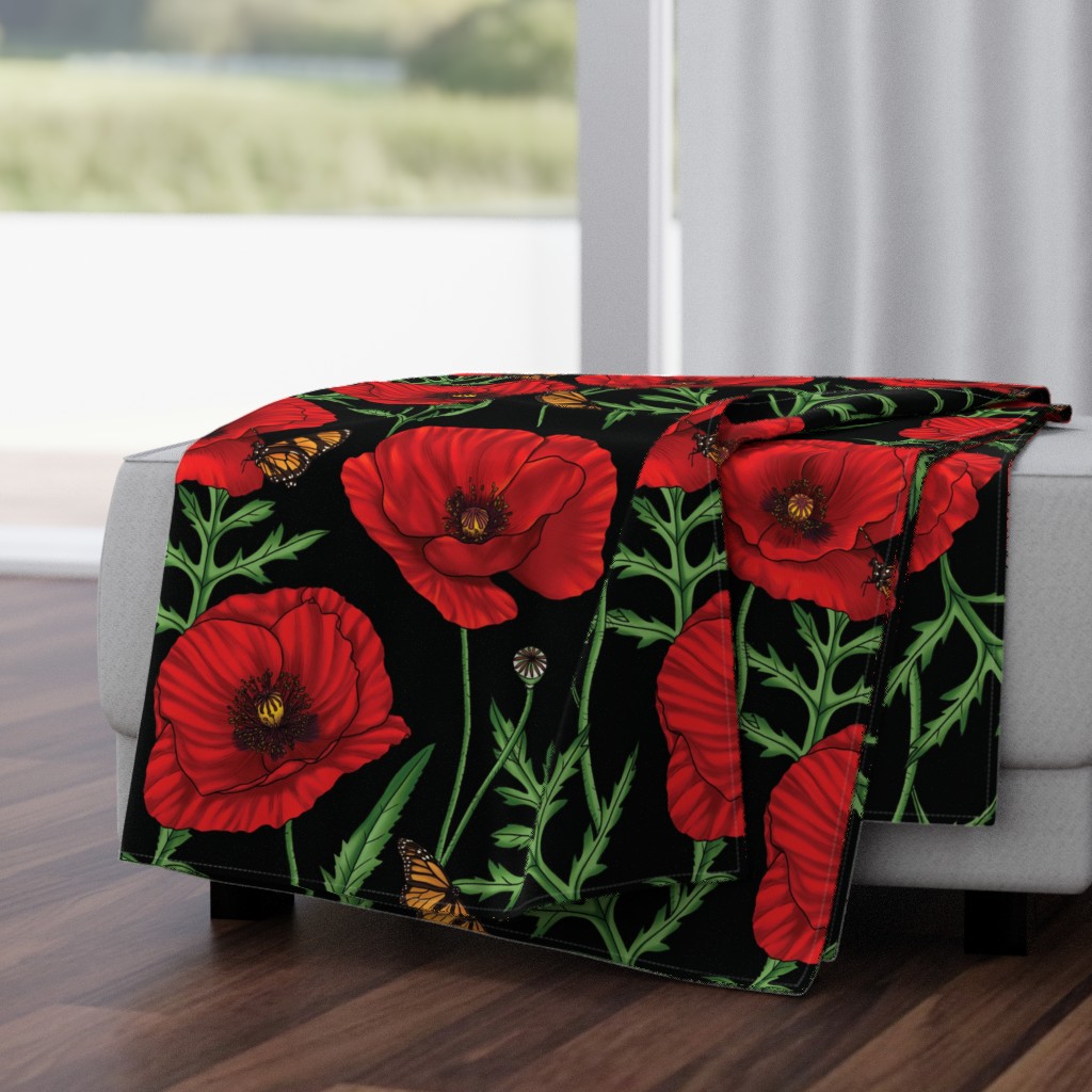 Botanical Red Poppy Flowers with Butterflies - Black Larger Size