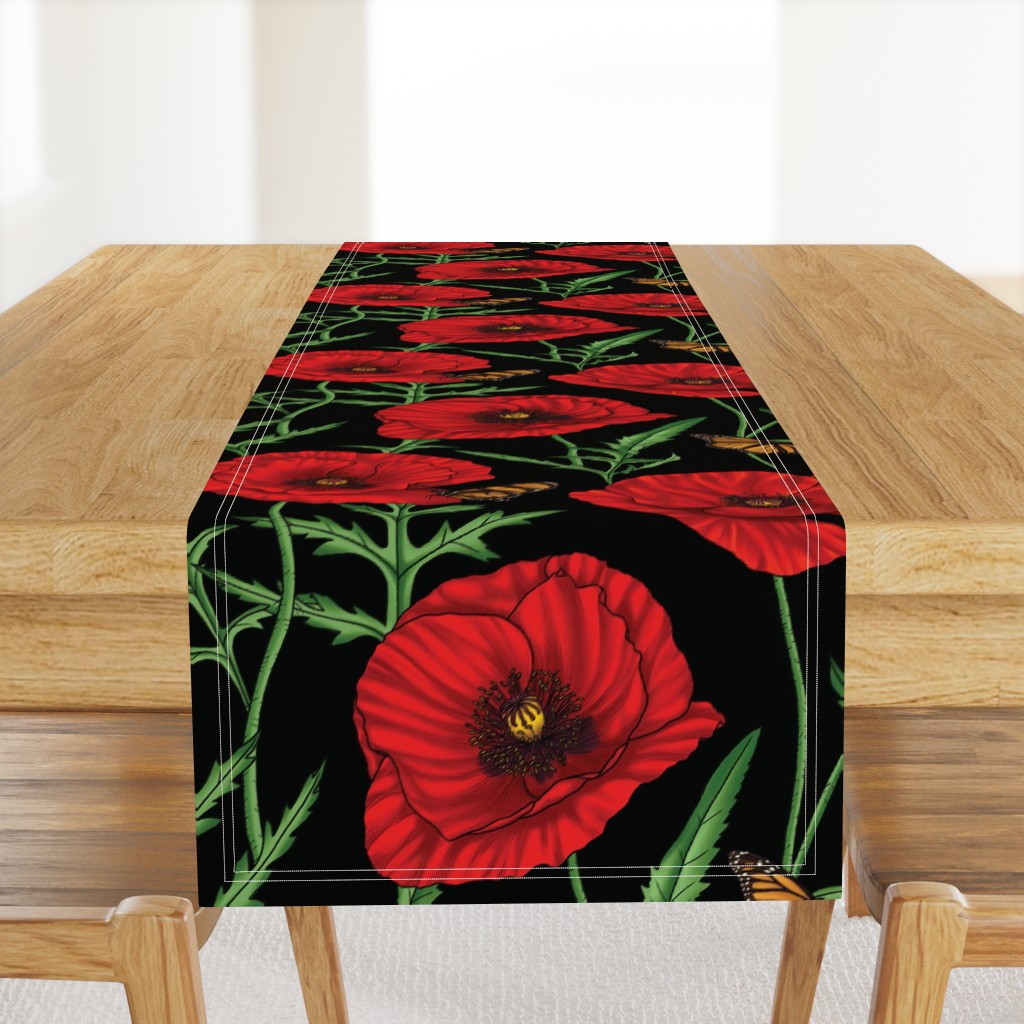 Botanical Red Poppy Flowers with Butterflies - Black Larger Size