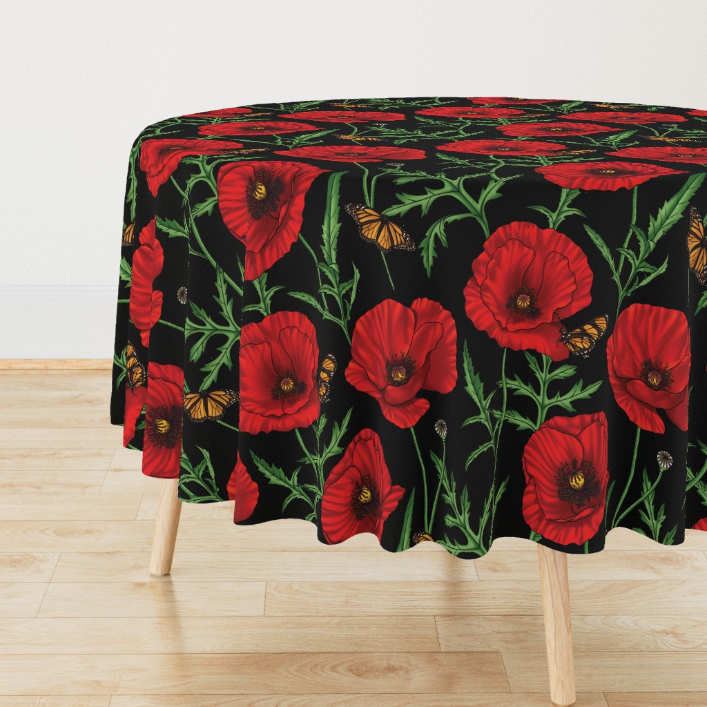 Botanical Red Poppy Flowers with Butterflies - Black Larger Size