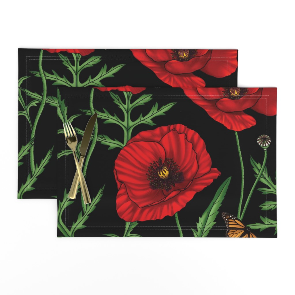 Botanical Red Poppy Flowers with Butterflies - Black Larger Size