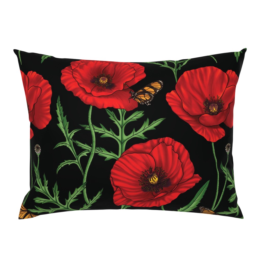 Botanical Red Poppy Flowers with Butterflies - Black Larger Size