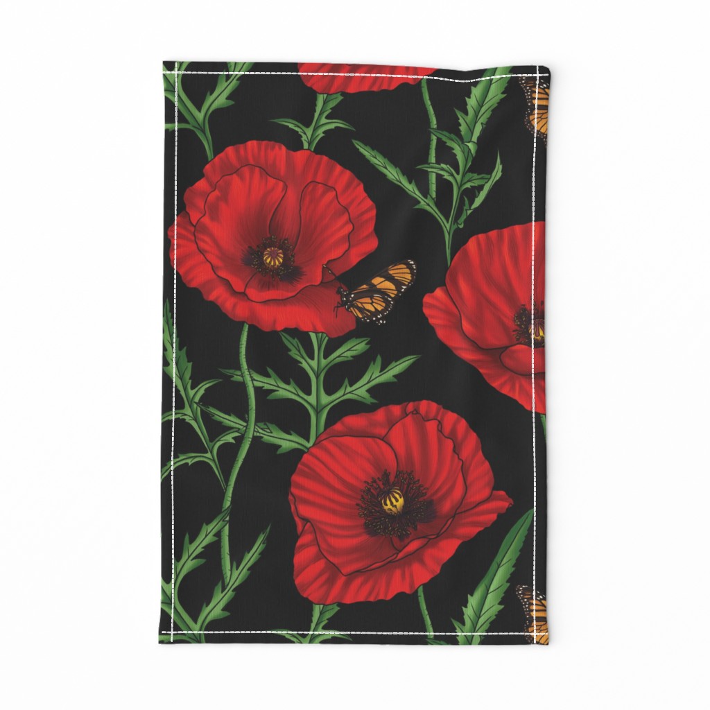 Botanical Red Poppy Flowers with Butterflies - Black Larger Size