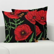 Botanical Red Poppy Flowers with Butterflies - Black Larger Size