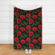 Botanical Red Poppy Flowers with Butterflies - Black Larger Size