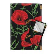 Botanical Red Poppy Flowers with Butterflies - Black Larger Size