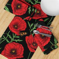 Botanical Red Poppy Flowers with Butterflies - Black Larger Size