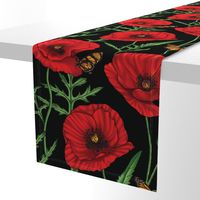 Botanical Red Poppy Flowers with Butterflies - Black Larger Size