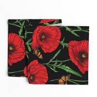 Botanical Red Poppy Flowers with Butterflies - Black Larger Size