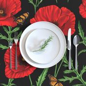 Botanical Red Poppy Flowers with Butterflies - Black Larger Size