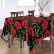 Botanical Red Poppy Flowers with Butterflies - Black Larger Size