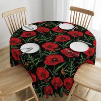 Botanical Red Poppy Flowers with Butterflies - Black Larger Size