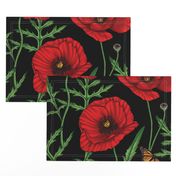 Botanical Red Poppy Flowers with Butterflies - Black Larger Size