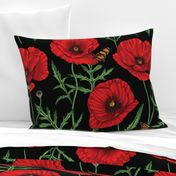 Botanical Red Poppy Flowers with Butterflies - Black Larger Size