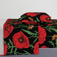 Botanical Red Poppy Flowers with Butterflies - Black Larger Size