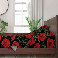 Botanical Red Poppy Flowers with Butterflies - Black Larger Size