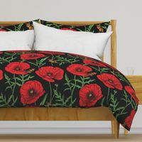 Botanical Red Poppy Flowers with Butterflies - Black Larger Size