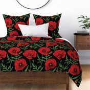 Botanical Red Poppy Flowers with Butterflies - Black Larger Size