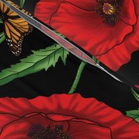 Botanical Red Poppy Flowers with Butterflies - Black Larger Size