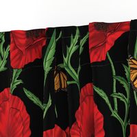 Botanical Red Poppy Flowers with Butterflies - Black Larger Size