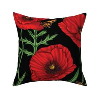 Botanical Red Poppy Flowers with Butterflies - Black Larger Size