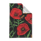 Botanical Red Poppy Flowers with Butterflies - Black Larger Size