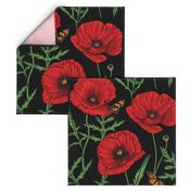 Botanical Red Poppy Flowers with Butterflies - Black Larger Size