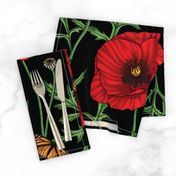 Botanical Red Poppy Flowers with Butterflies - Black Larger Size