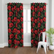 Botanical Red Poppy Flowers with Butterflies - Black Larger Size