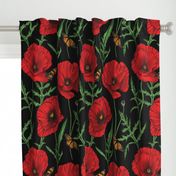 Botanical Red Poppy Flowers with Butterflies - Black Larger Size