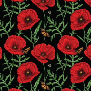 Botanical Red Poppy Flowers with Butterflies - Black Smaller Size