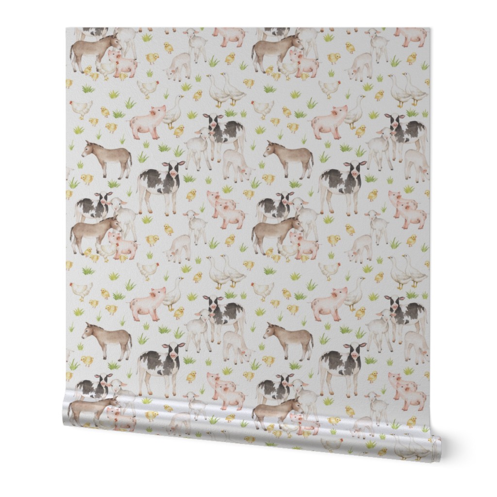 18" farm animal friends on white, animal nursery fabric, baby animals fabric, on white