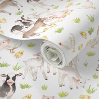 18" farm animal friends on white, animal nursery fabric, baby animals fabric, on white