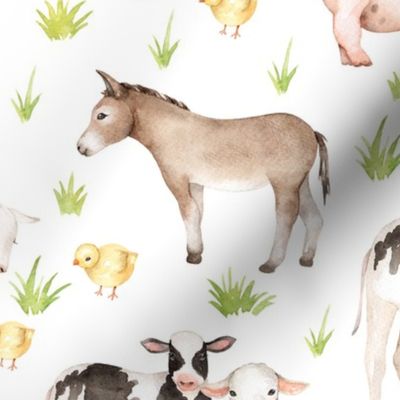 18" farm animal friends on white, animal nursery fabric, baby animals fabric, on white