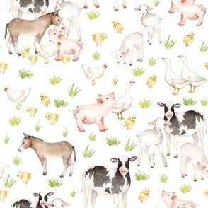 18" farm animal friends on white, animal nursery fabric, baby animals fabric, on white