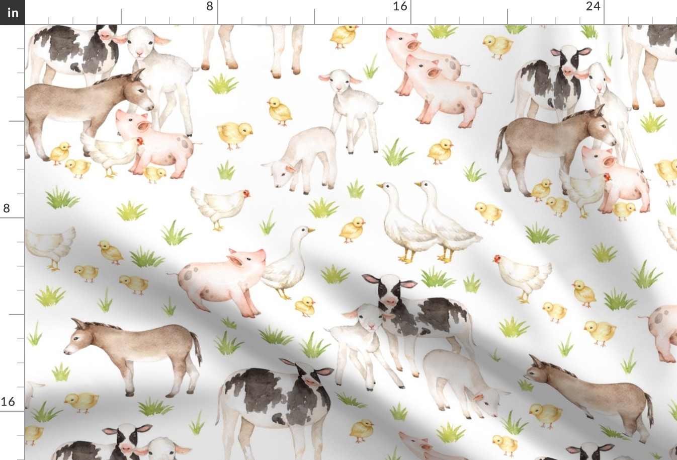 18" farm animal friends on white, animal nursery fabric, baby animals fabric, on white