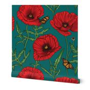 Botanical Red Poppy Flowers on Dark Green - Large Size