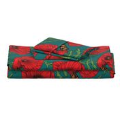 Botanical Red Poppy Flowers on Dark Green - Large Size