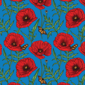 Red Poppy Flowers Botanical - Blue Smaller Print
